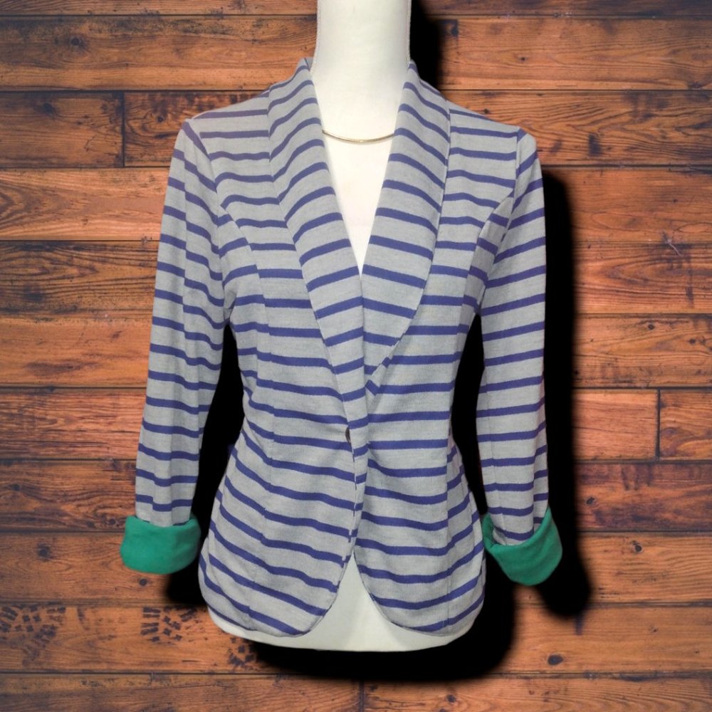 Navy & Gray Striped Blazer w/ Green Cuffs
